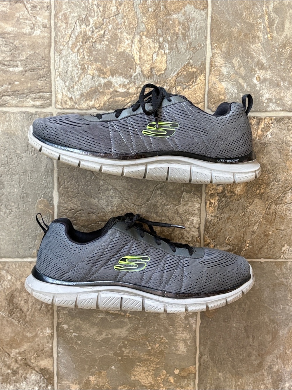 Skechers Men's Gray Athletic Sneakers with Neon Green Logo